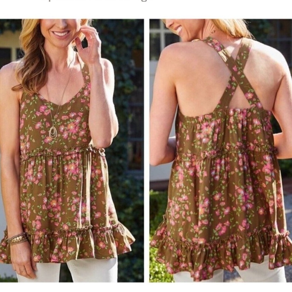 Matilda Jane On A Whim Floral Tank Top Ruffle Sleeveless Casual Brown Sz Medium